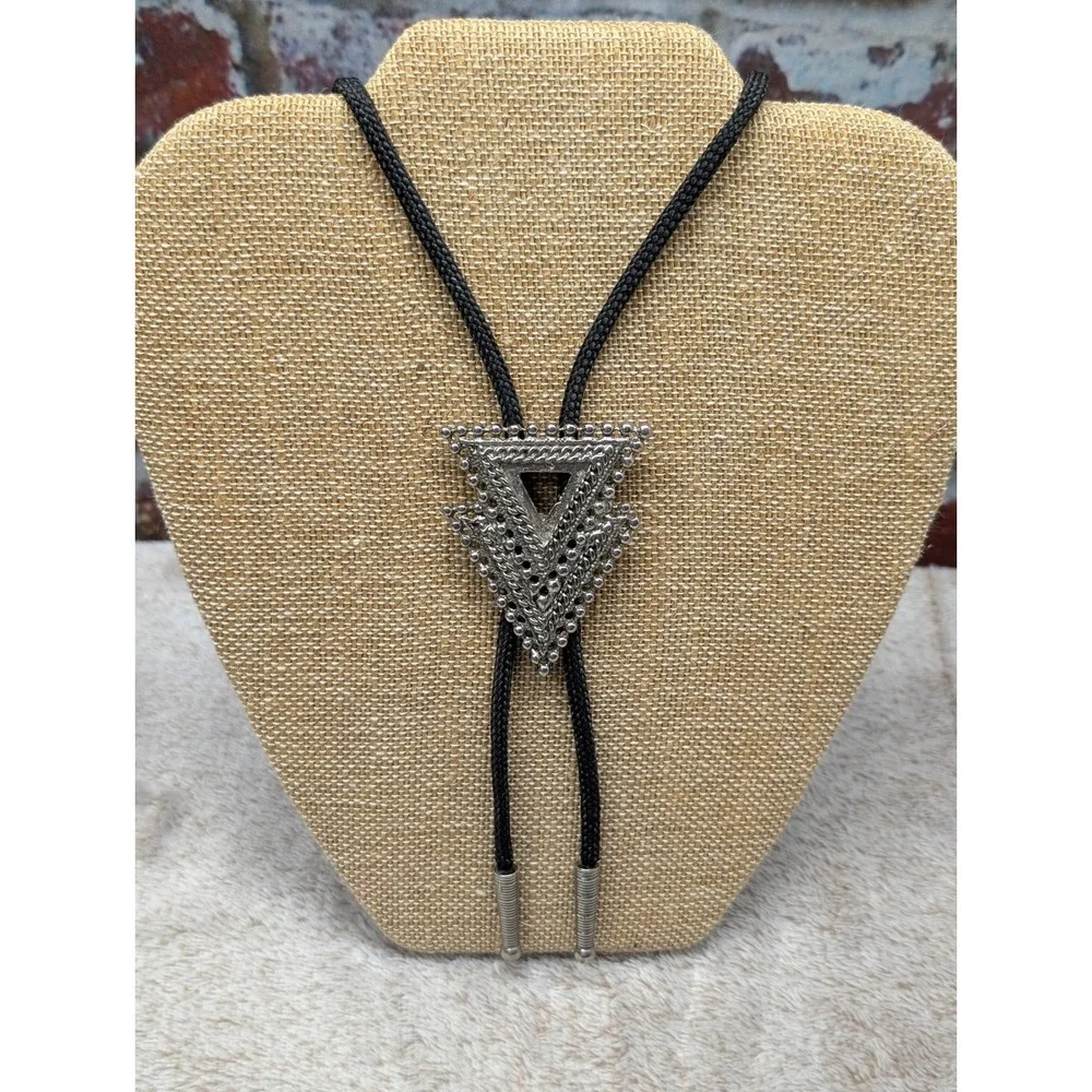 Vintage Silver Tone Arrowhead Bolo Tie Black Braided Cord Geometric Slide